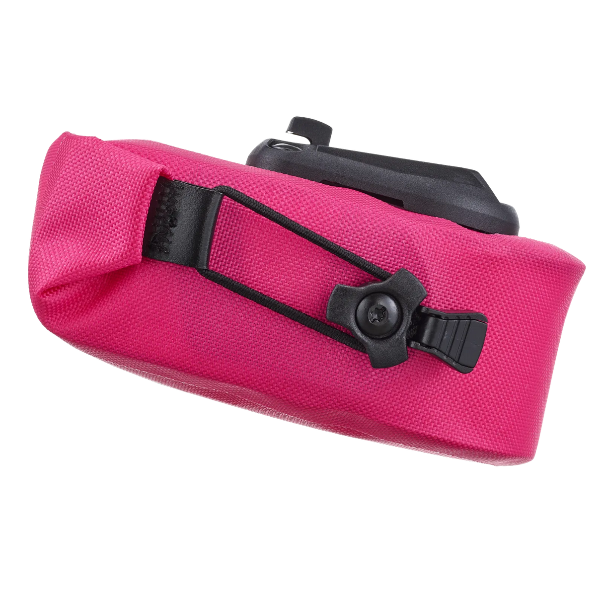 Compact cyber pink waterproof saddle bag with black mounting strap and buckle.