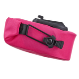 Compact cyber pink waterproof saddle bag with black mounting strap and buckle.