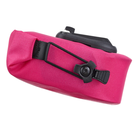 Compact cyber pink waterproof saddle bag with black mounting strap and buckle.