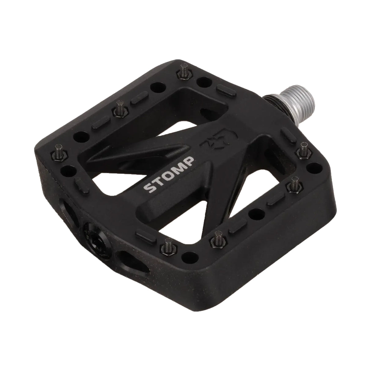 Black Oxford Stomp Jr nylon flat bicycle pedal for junior riders, with CroMo spindle and steel pins.
