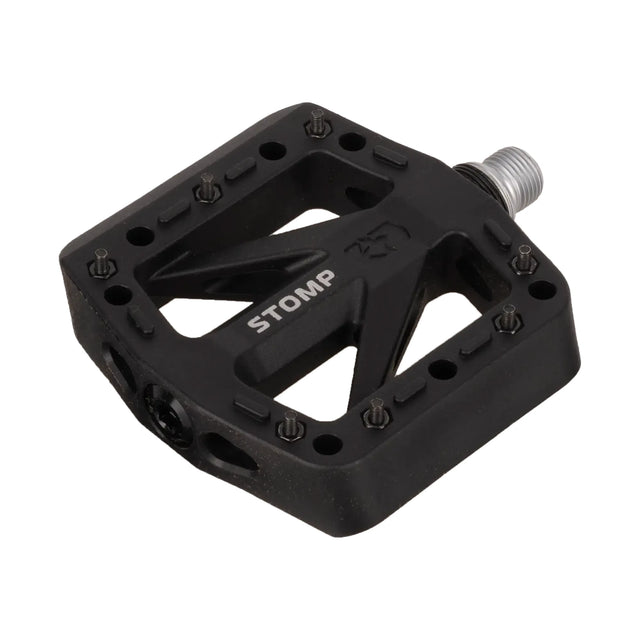 Black Oxford Stomp Jr nylon flat bicycle pedal for junior riders, with CroMo spindle and steel pins.