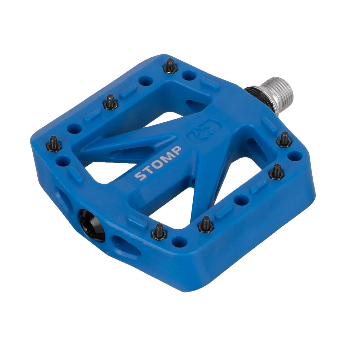 Blue Oxford Stomp Jr nylon flat bicycle pedal for junior riders, with CroMo spindle and steel pins.