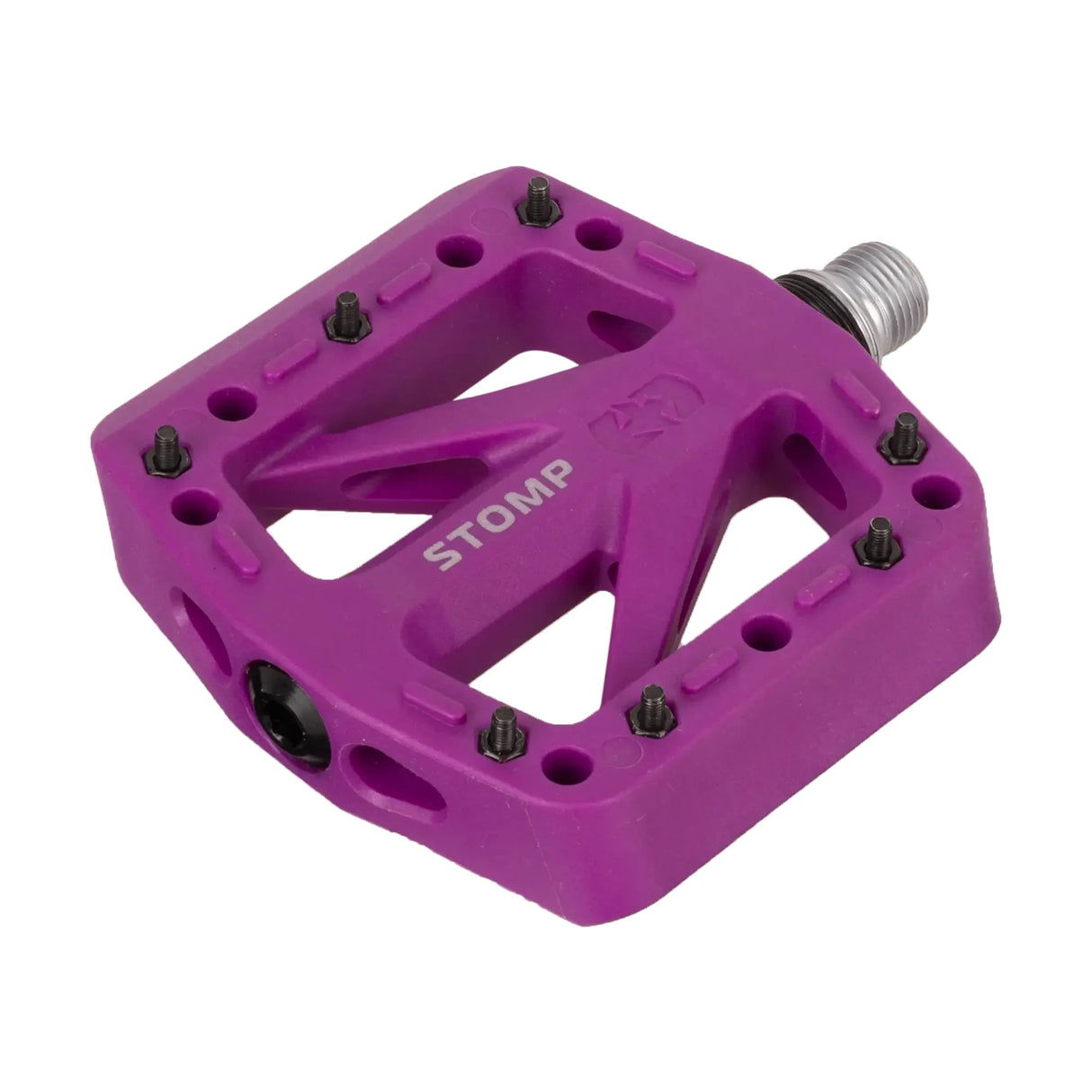 Purple Oxford Stomp Jr nylon flat bicycle pedal for junior riders, with CroMo spindle and steel pins.