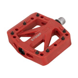 Red Oxford Stomp Jr nylon flat bicycle pedal for junior riders, with CroMo spindle and steel pins.