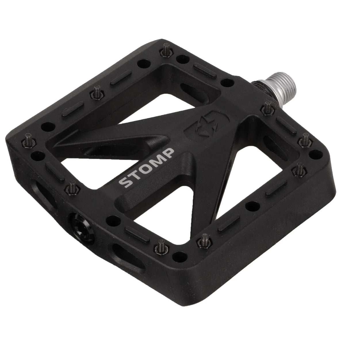 Black Oxford Stomp nylon flat bicycle pedal with CroMo spindle and replaceable steel pins.