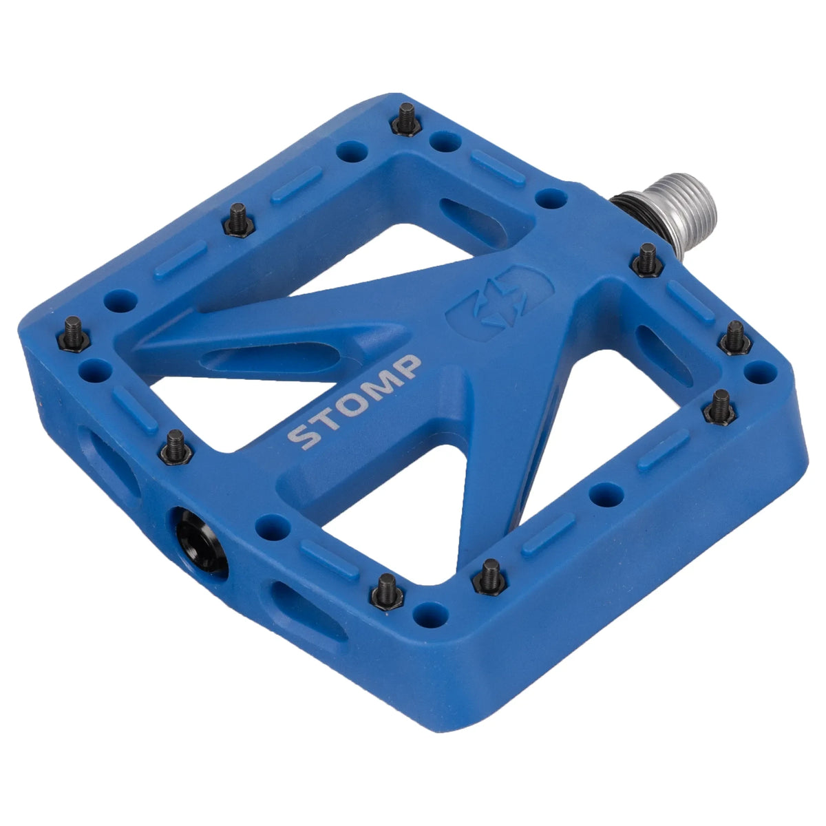 Blue Oxford Stomp nylon flat bicycle pedal with CroMo spindle and replaceable steel pins.