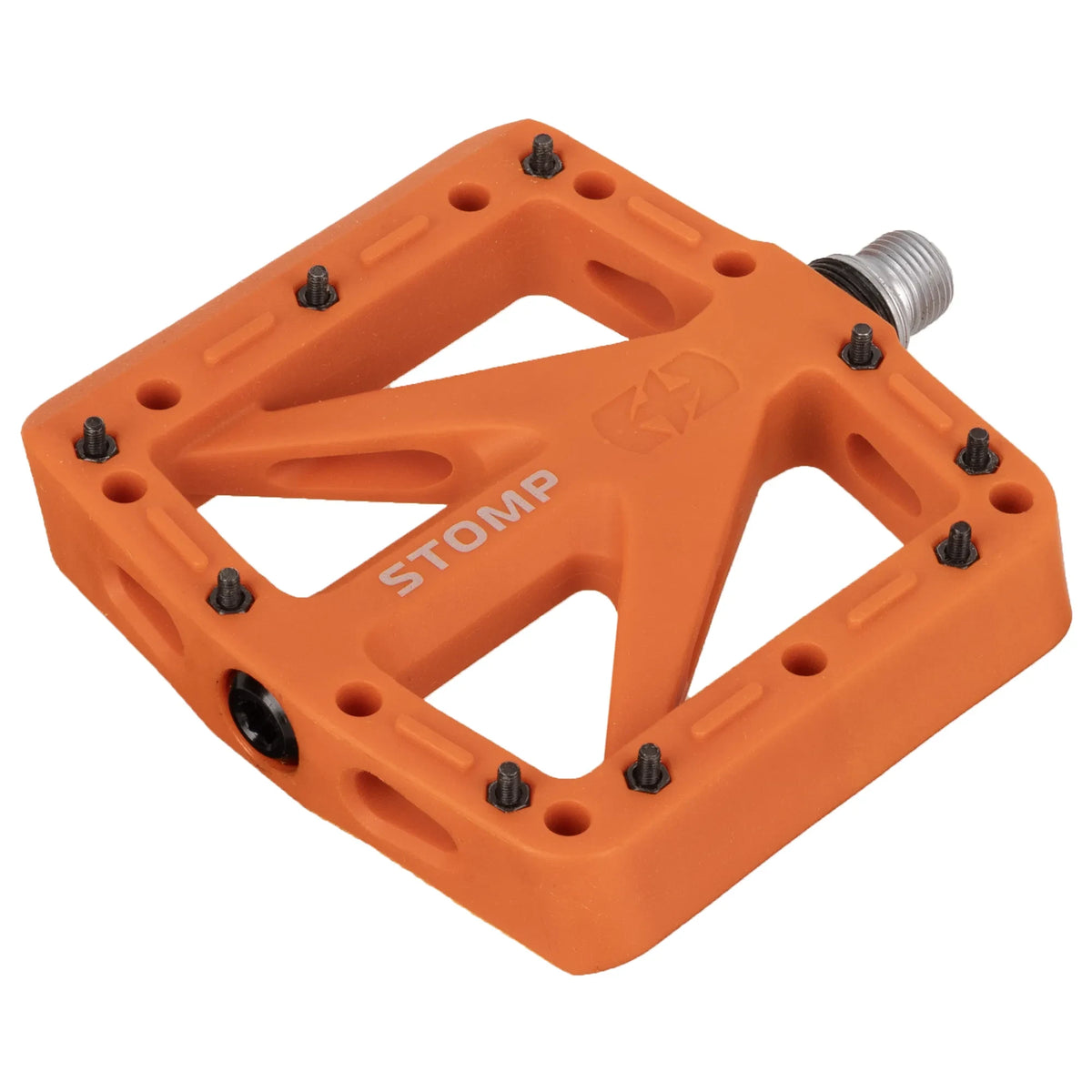 Orange Oxford Stomp nylon flat bicycle pedal with CroMo spindle and replaceable steel pins.