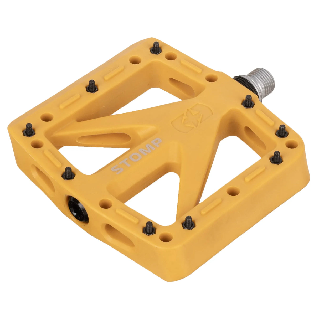 Yellow Oxford Stomp nylon flat bicycle pedal with CroMo spindle and replaceable steel pins.