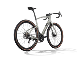 White bicycle with black components on a white background