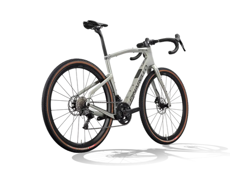 White bicycle with black components on a white background