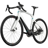Front angled view of Pinarello Nytro Gravel E5 Rival AXS Electric Gravel Bike highlighting integrated motor and carbon frame for high-performance gravel riding.