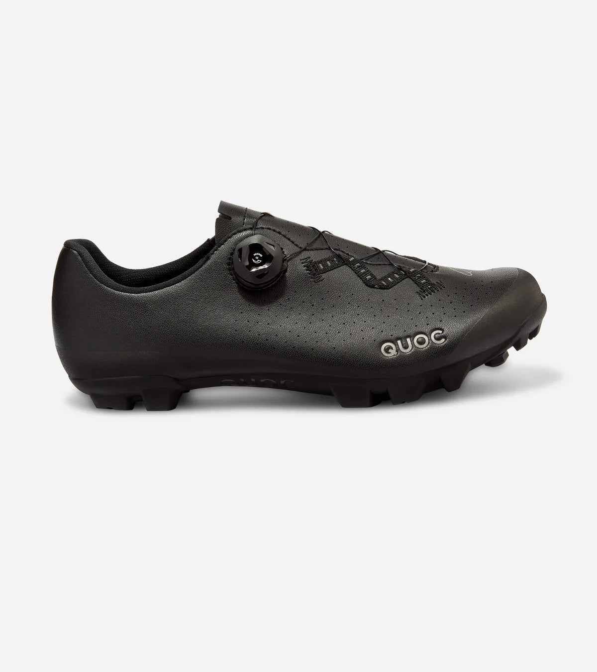 QUOC Escape Off-Road Shoe in black, side profile showing rugged tread and dial closure, ideal for trail cycling performance.