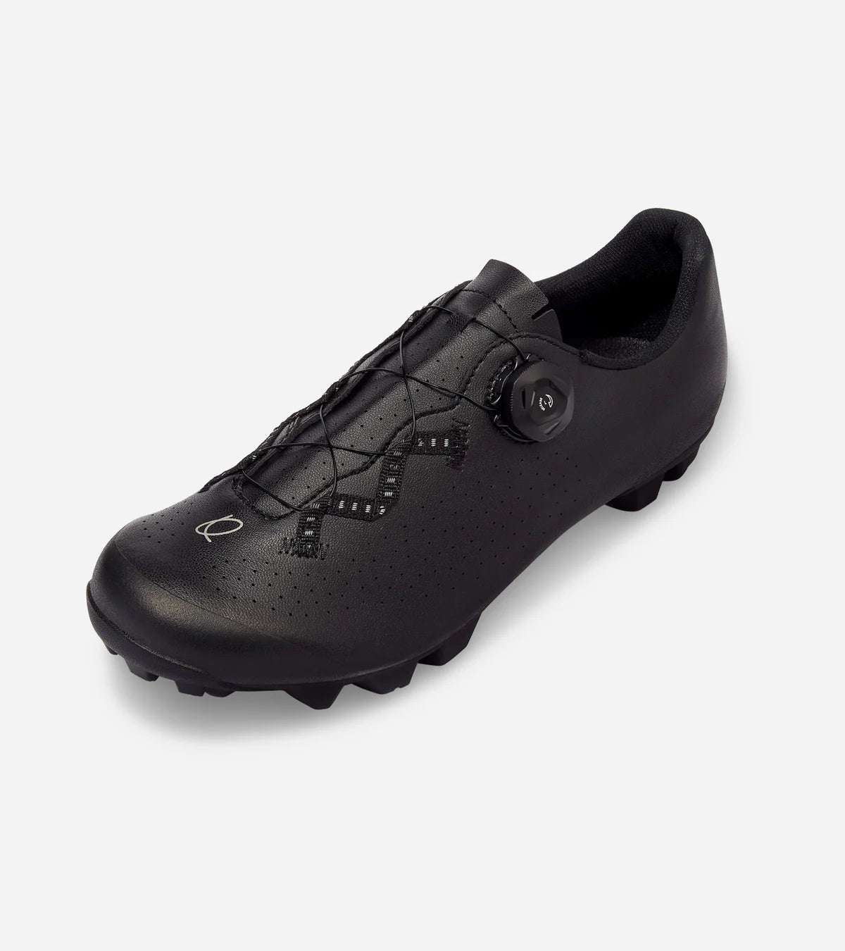 Angled view of QUOC Escape Off-Road Shoe in black, showing perforated upper and dial system for breathable, adjustable fit.
