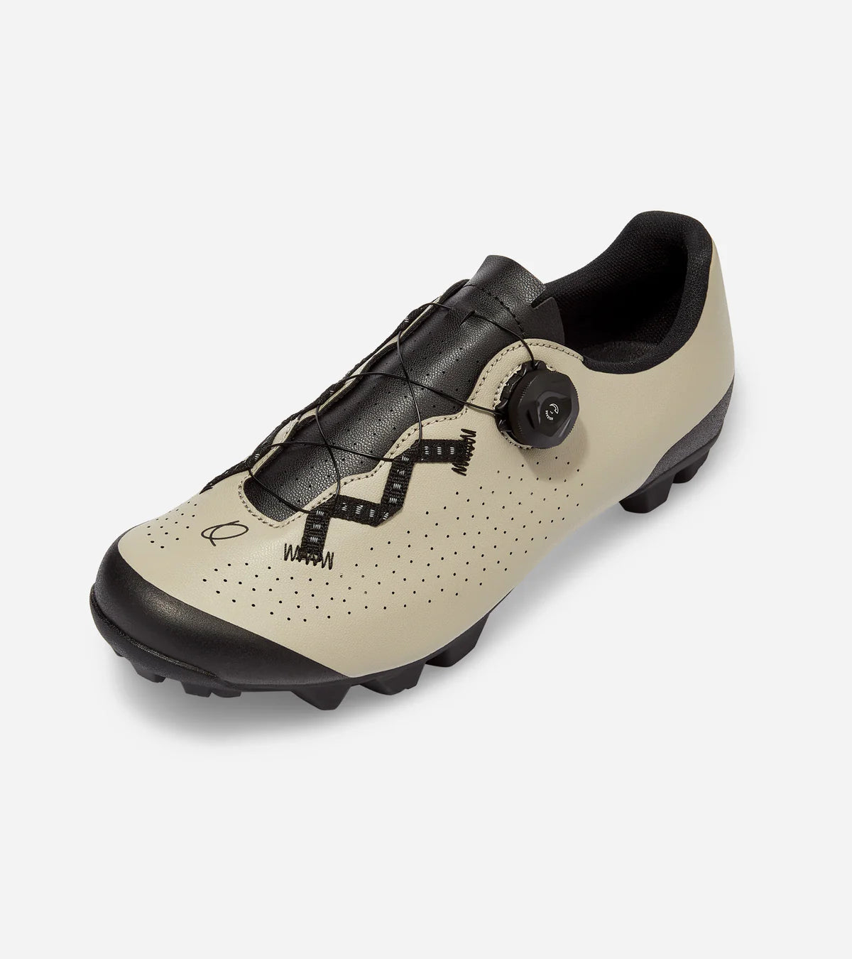 Angled view of QUOC Escape Off-Road Shoe in sand color, highlighting reinforced toe and dial system for trail performance.
