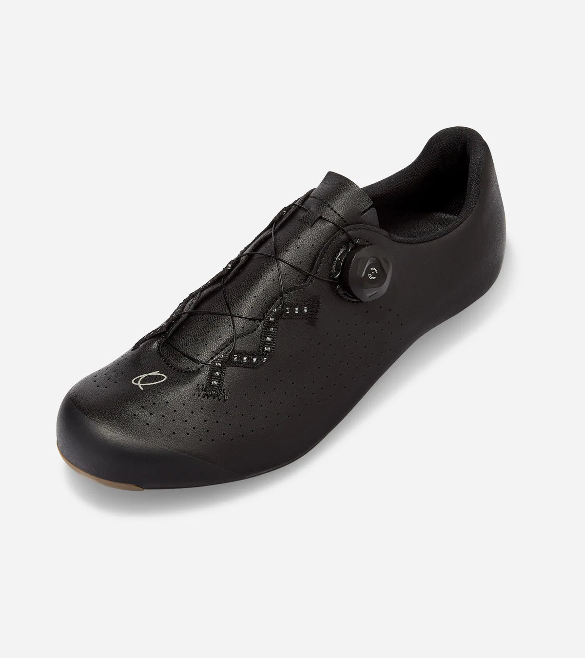Angled view of black QUOC Escape Road Shoe with performance-focused design and micro-adjustable dial for precise fit.