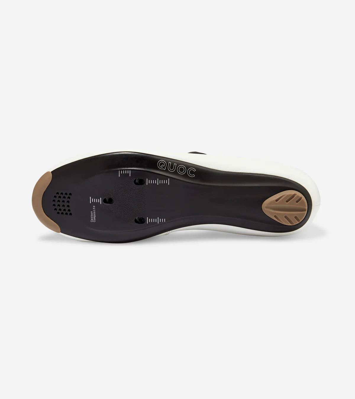 Outsole of white QUOC Escape Road Shoe showing cleat mount system and tread for grip and efficient power transfer.