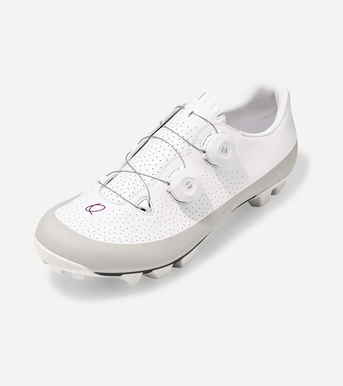 Angled view of QUOC Gran Tourer XC Off-Road Shoe in white and grey, designed for comfort and stiffness on rugged cycling trails.