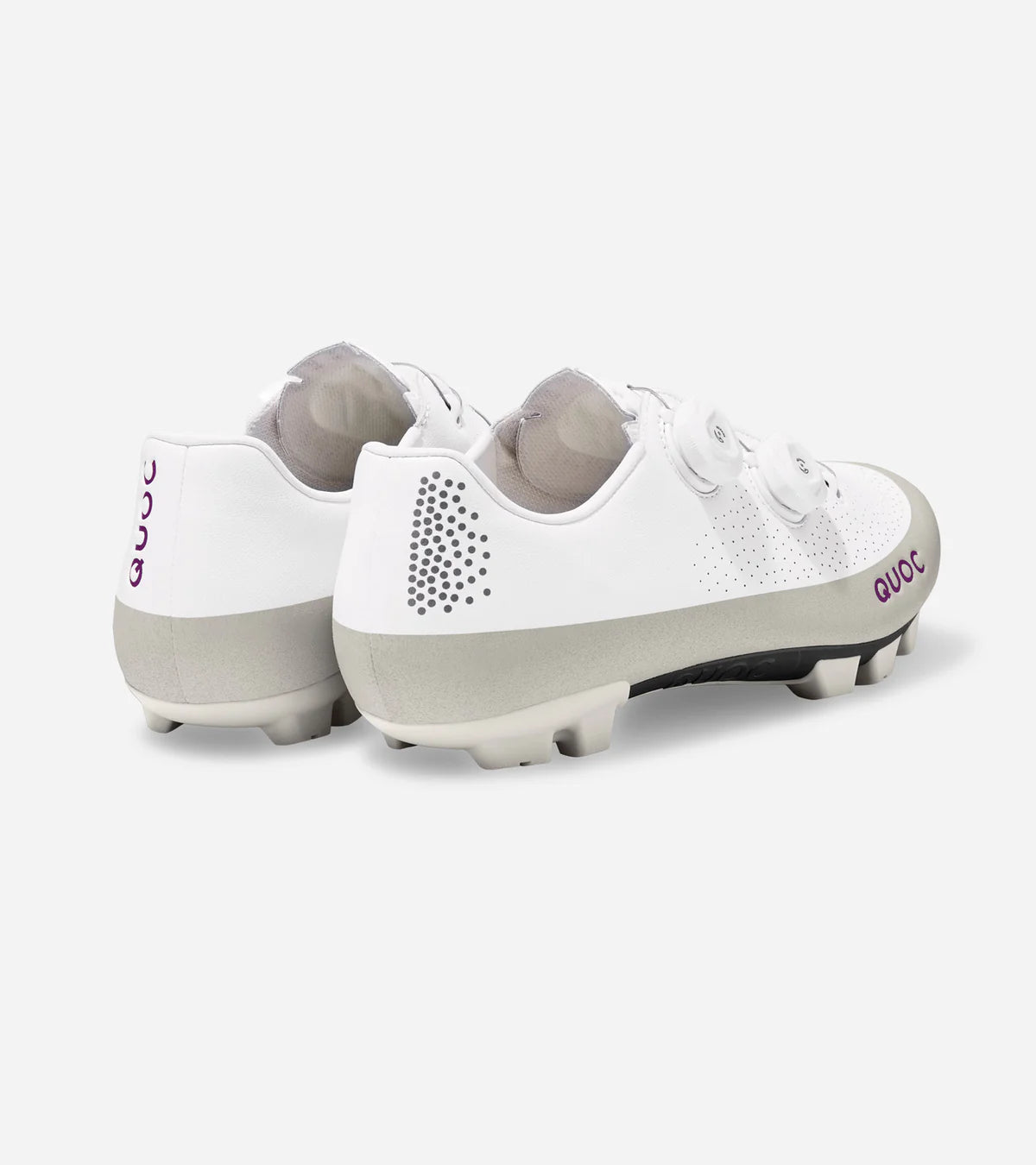 Rear view of QUOC Gran Tourer XC Off-Road Shoes in white and grey with purple accents, built for endurance and off-road cycling.