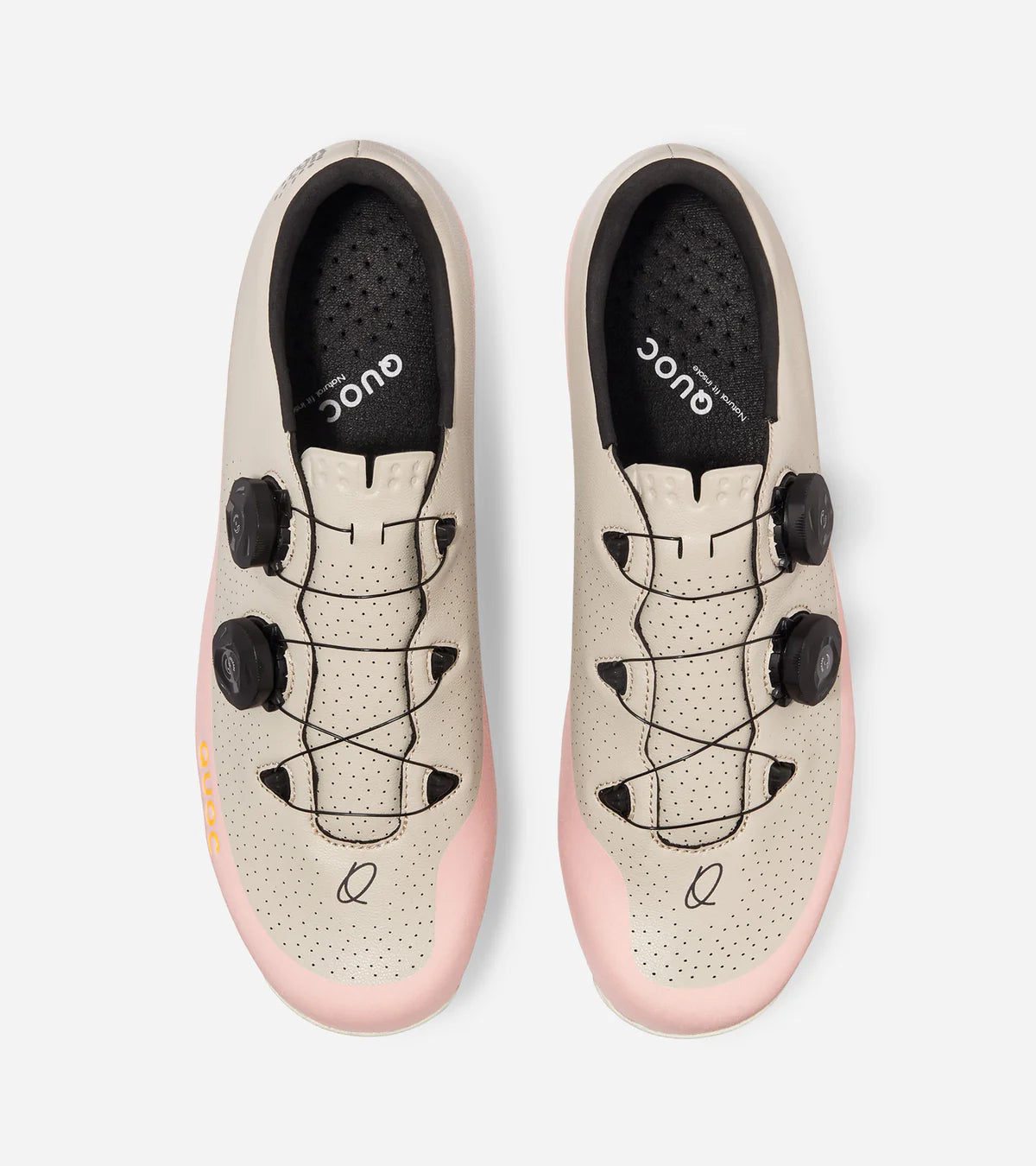 Top view of QUOC Gran Tourer XC Off-Road Shoes in sand and pink with perforated upper and dual dial fit system for precise adjustment.