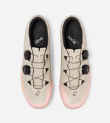 Top view of QUOC Gran Tourer XC Off-Road Shoes in sand and pink with perforated upper and dual dial fit system for precise adjustment.