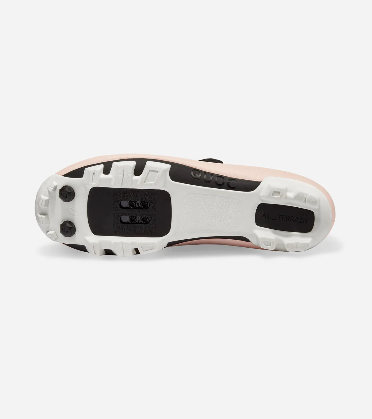 Outsole view of QUOC Gran Tourer XC Off-Road Shoe in pink, featuring carbon-reinforced sole and all-terrain tread for superior grip.