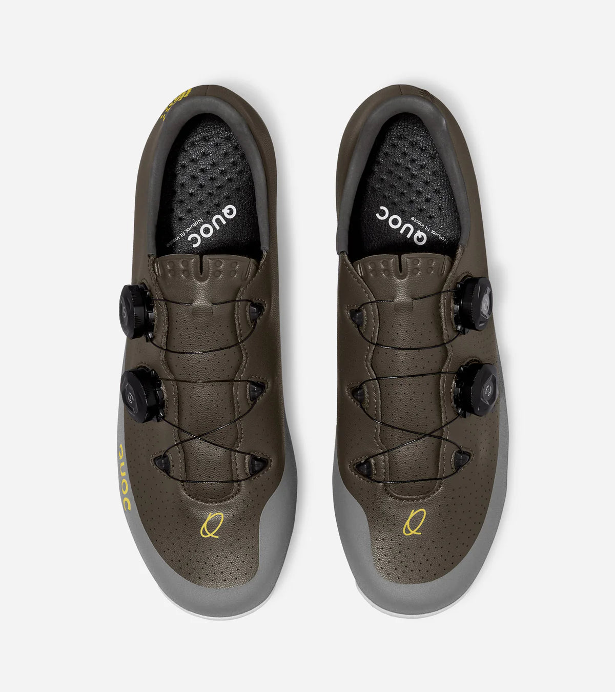 Top view of QUOC Gran Tourer XC Off-Road Shoes in brown and grey with yellow accents, featuring breathable upper and dual dial fit.