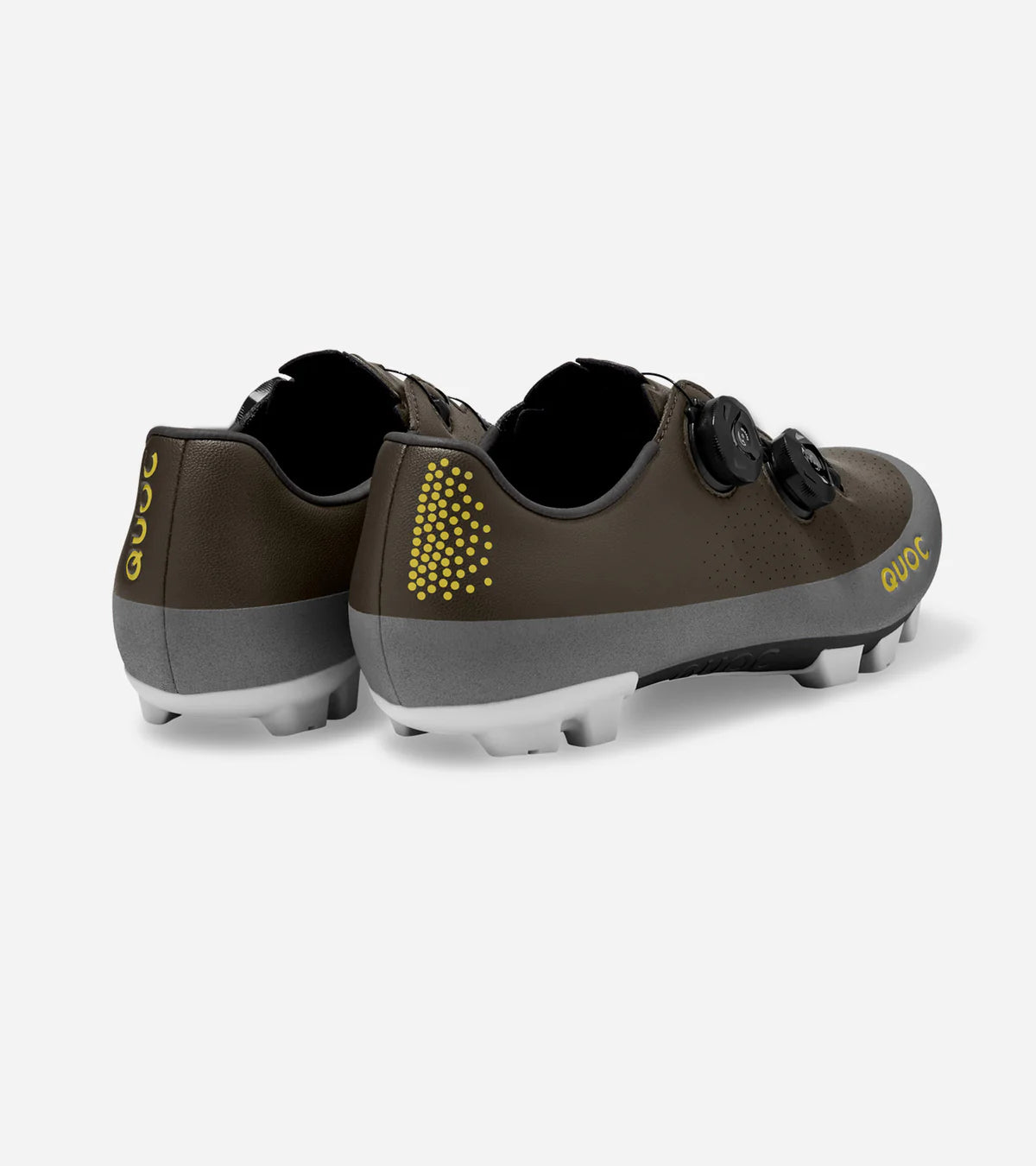 Rear view of QUOC Gran Tourer XC Off-Road Shoes in brown with yellow branding, built for durability and long-distance cycling.
