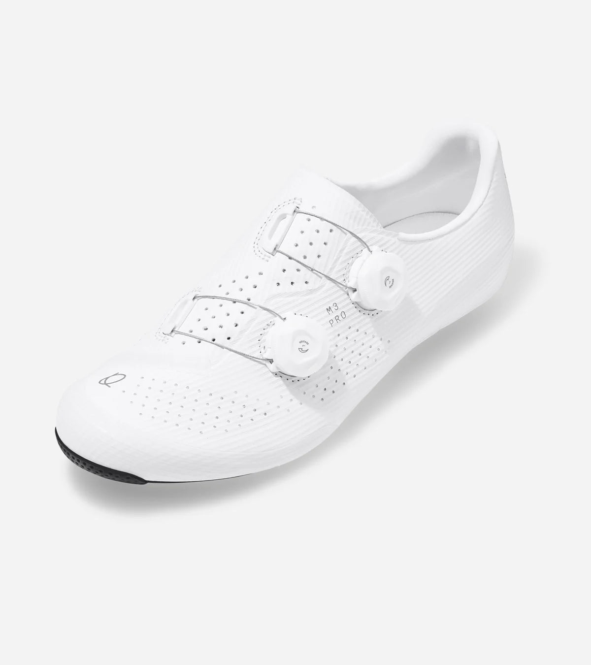 Angled view of QUOC M3 Pro Road Shoe displaying aerodynamic shape and structured upper for all-season cycling performance.