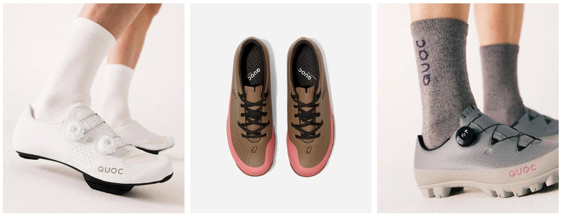 Collage of shoes and socks with a brand logo on a white background