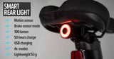 Close-up of smart rear light on estarli E20.7 Comfort Hybrid E-Bike, featuring motion sensor, USB charging, and 100 lumen brightness.