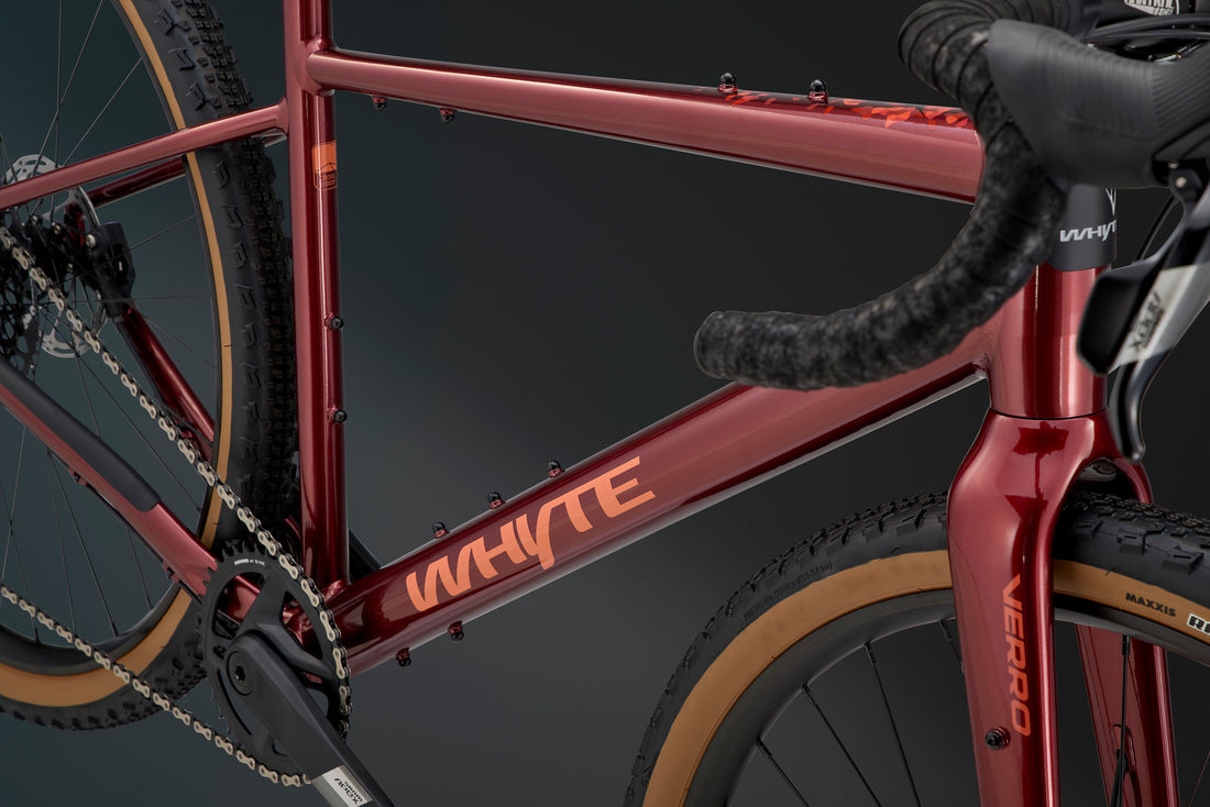 Frame detail of the Whyte Verro Gravel Bike with internal cable routing and bold branding for a sleek, modern look.