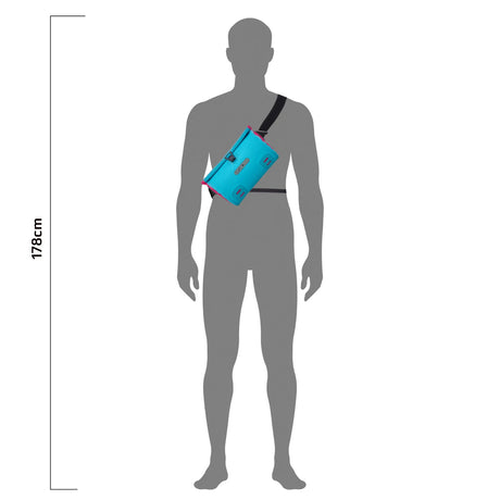 Cyber blue waterproof shoulder bag with black adjustable strap, compact rectangular shape.