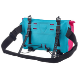 Compact cyber blue handlebar bag with adjustable black straps and pink side panel, designed for bike storage.