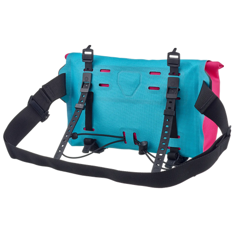 Compact cyber blue handlebar bag with adjustable black straps and pink side panel, designed for bike storage.