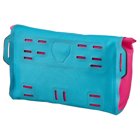 Cyber blue rectangular handlebar bag with pink accents and ventilation slots.