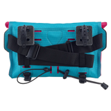 Cyber blue rectangular Ortlieb handlebar bag with black adjustable straps and mounting brackets.