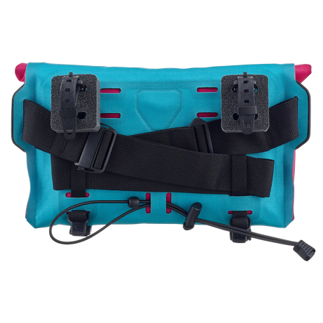 Cyber blue rectangular Ortlieb handlebar bag with black adjustable straps and mounting brackets.