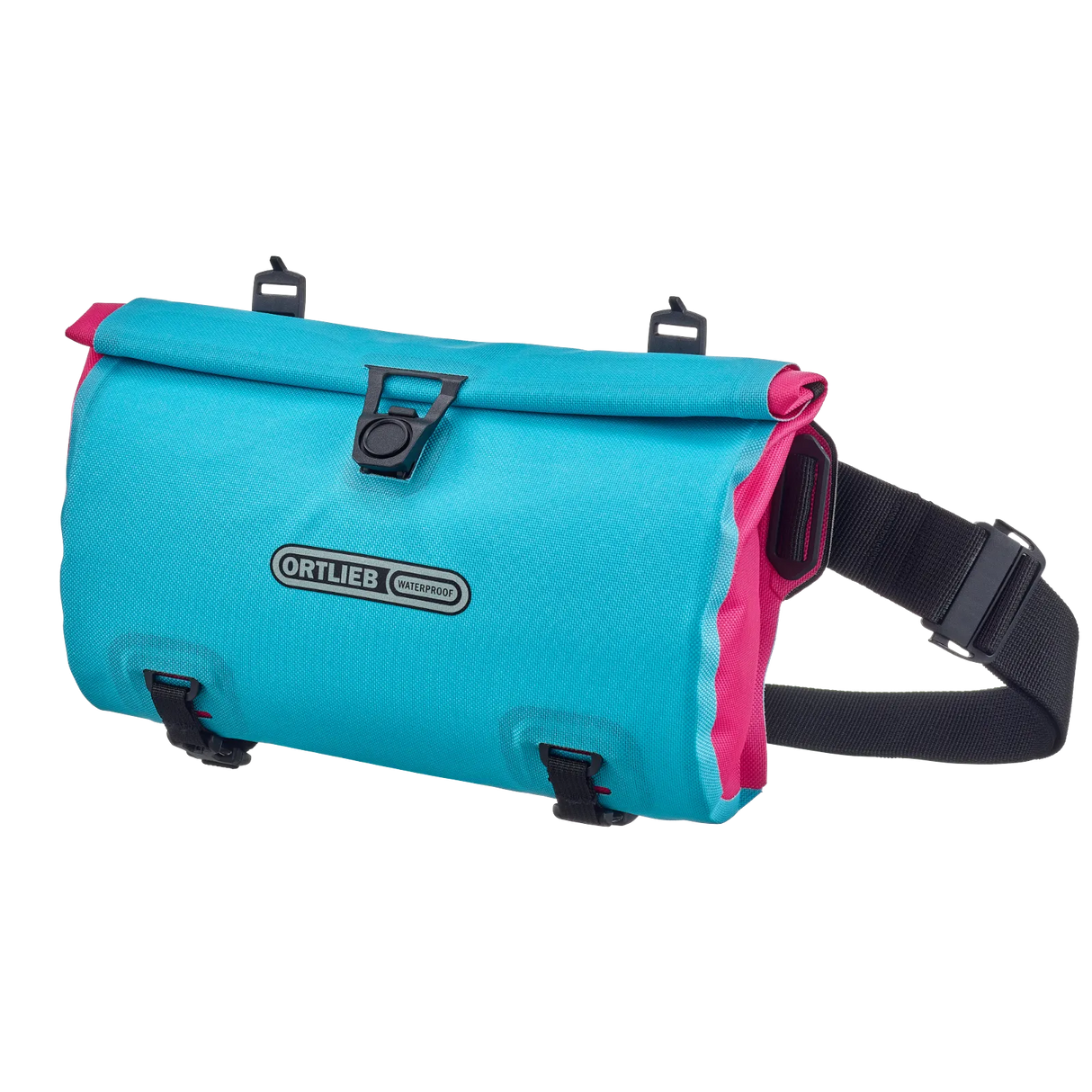 Cylindrical cyber blue handlebar bag with pink trim, black straps, and secure clasp closure.