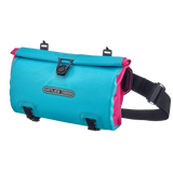 Cylindrical cyber blue handlebar bag with pink trim, black straps, and secure clasp closure.