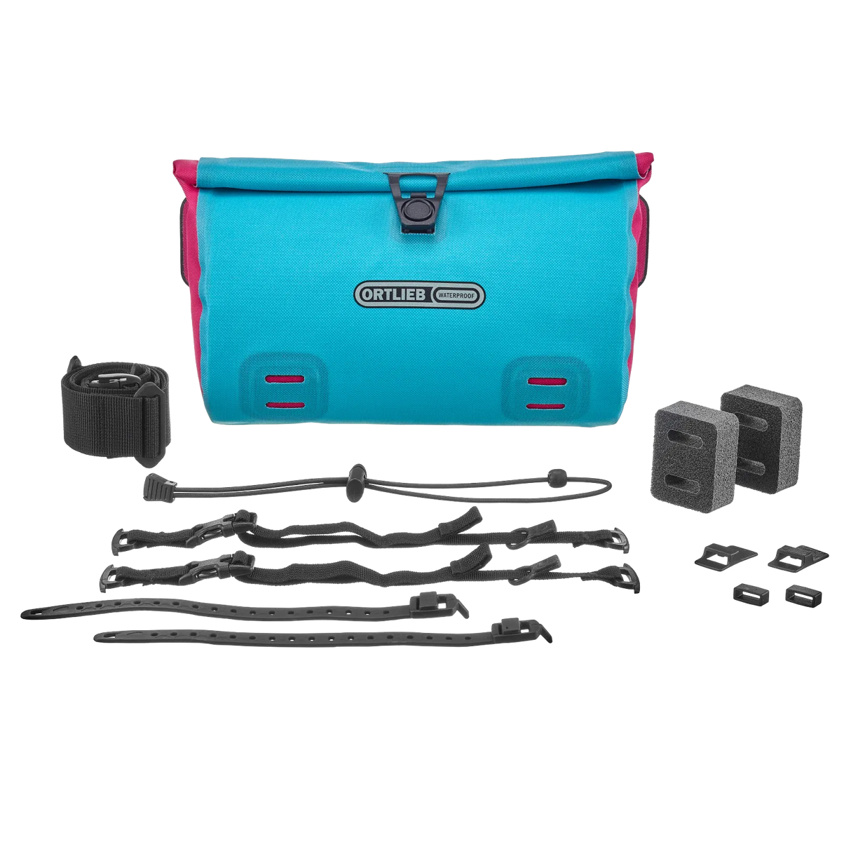 Cyber blue rectangular Ortlieb Velo-Sling 3L handlebar bag with black mounting straps and hardware accessories.