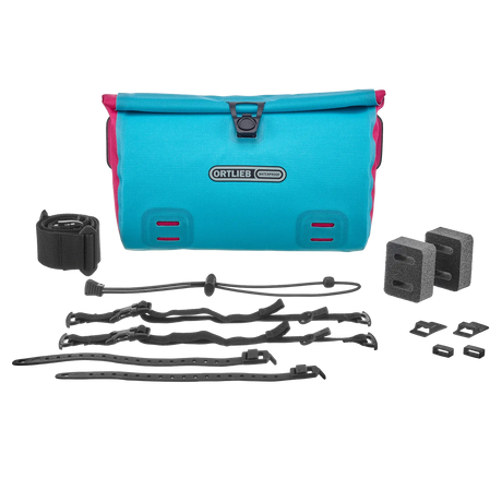 Cyber blue rectangular Ortlieb Velo-Sling 3L handlebar bag with black mounting straps and hardware accessories.