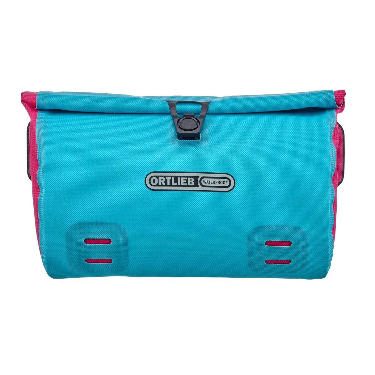 Cyber blue rectangular Ortlieb Velo-Sling 3L handlebar bag with black buckle closure and pink side accents.