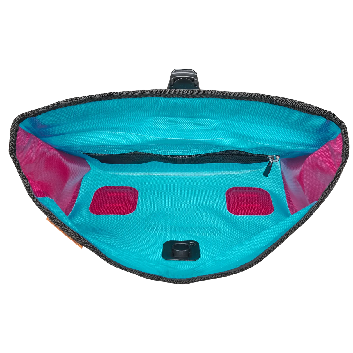 Cyber blue triangular handlebar bag interior with zippered pocket and pink side accents.