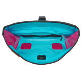 Cyber blue triangular handlebar bag interior with zippered pocket and pink side accents.