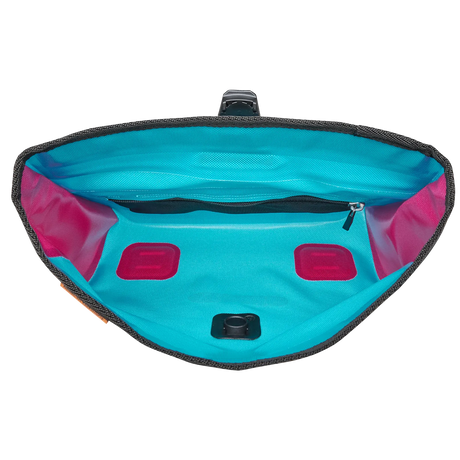 Cyber blue triangular handlebar bag interior with zippered pocket and pink side accents.