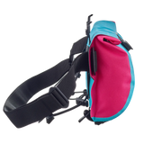 Compact handlebar bag in bright cyber blue and pink with black adjustable straps and buckle closures.
