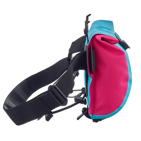 Compact handlebar bag in bright cyber blue and pink with black adjustable straps and buckle closures.