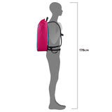 Cyber blue Ortlieb Velocity Lite 23L backpack worn on gray silhouette with height scale.