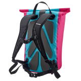Cyber blue and bright pink roll-top backpack with padded back panel and adjustable black shoulder straps.