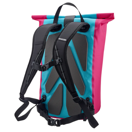 Cyber blue and bright pink roll-top backpack with padded back panel and adjustable black shoulder straps.